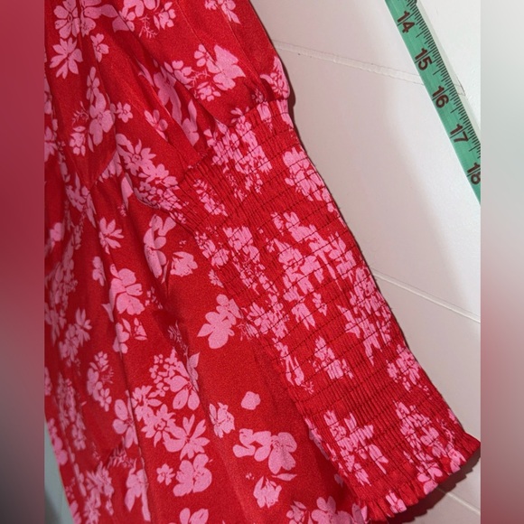 Never Fully Dressed Delores Dress 10 Red Pink Floral ruched bishop sleeves $103 - Picture 15 of 16